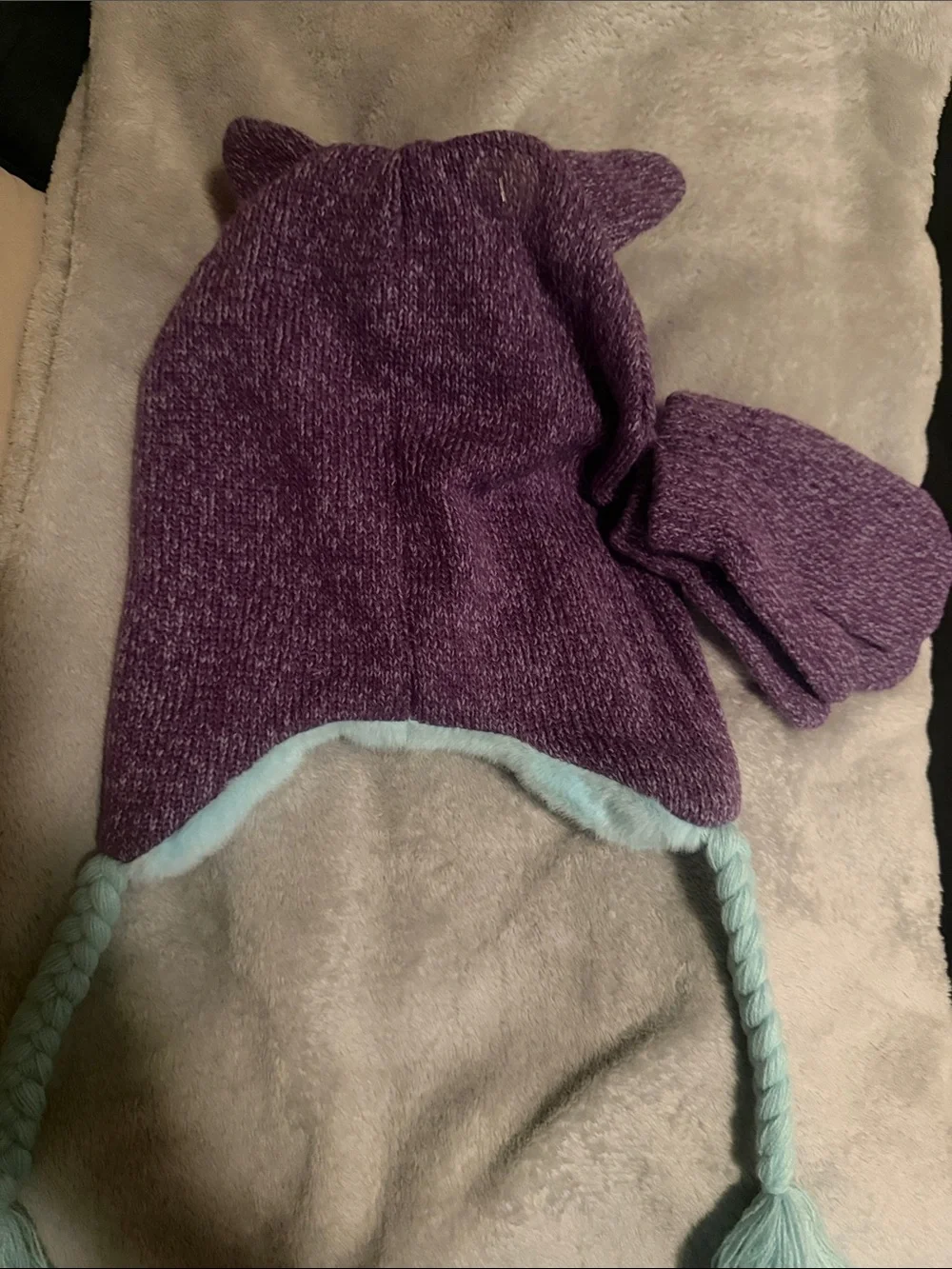 Kids Unicorn Earflap Winter Hat and Mittens Set - Purple